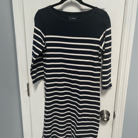 LL Bean Dress S Reg Navy White Heritage Striped Cotton Nautical Mariner Small - Picture 2 of 14